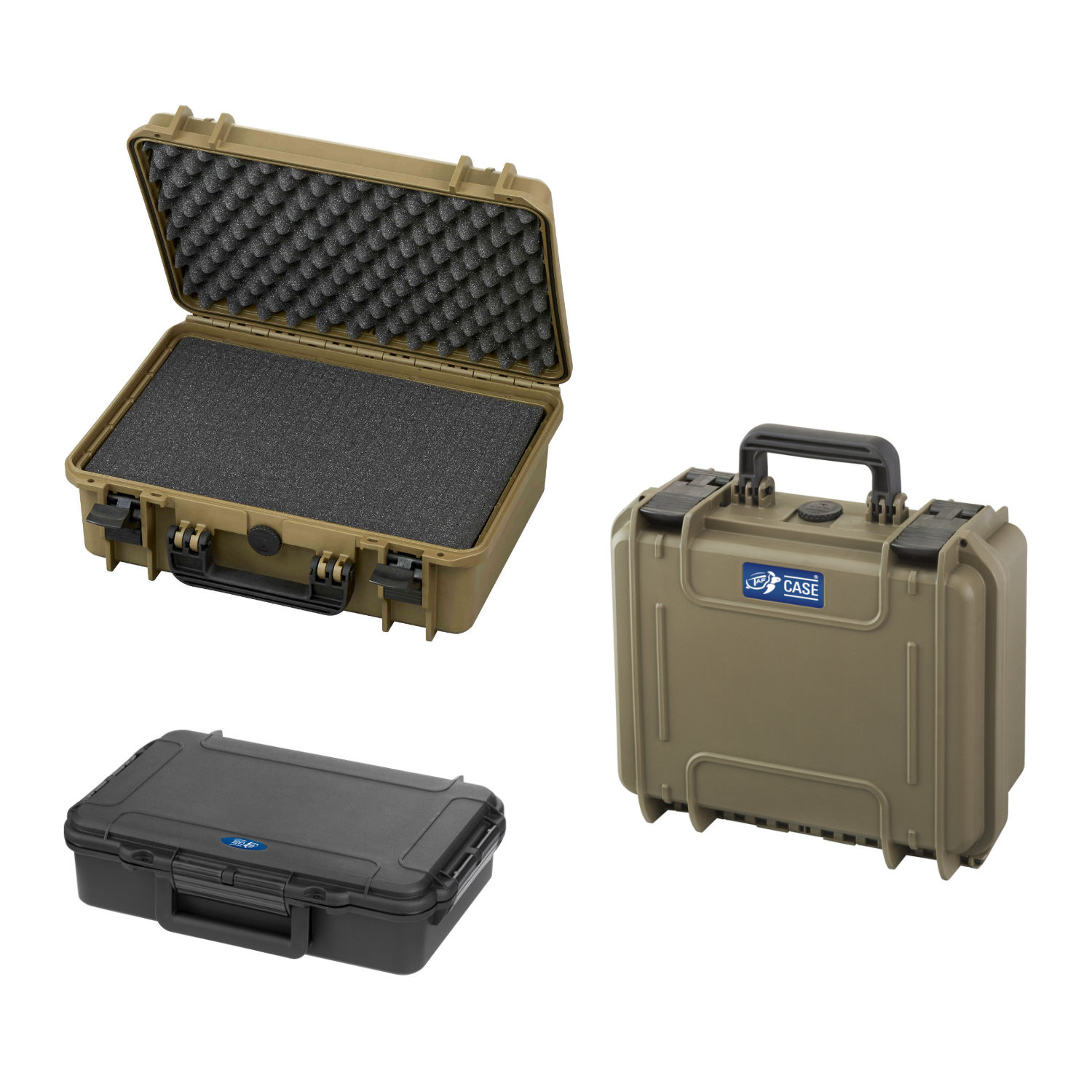 Bundle aus zwei olivgruenen und einer schwarzen Hartschalentransportbox