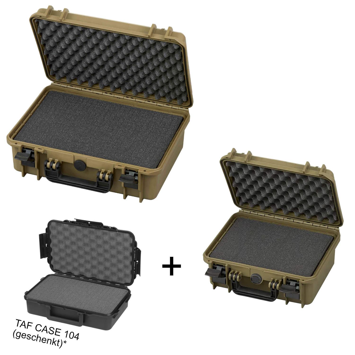 Bundle aus zwei olivgruenen und einer schwarzen Hartschalentransportbox