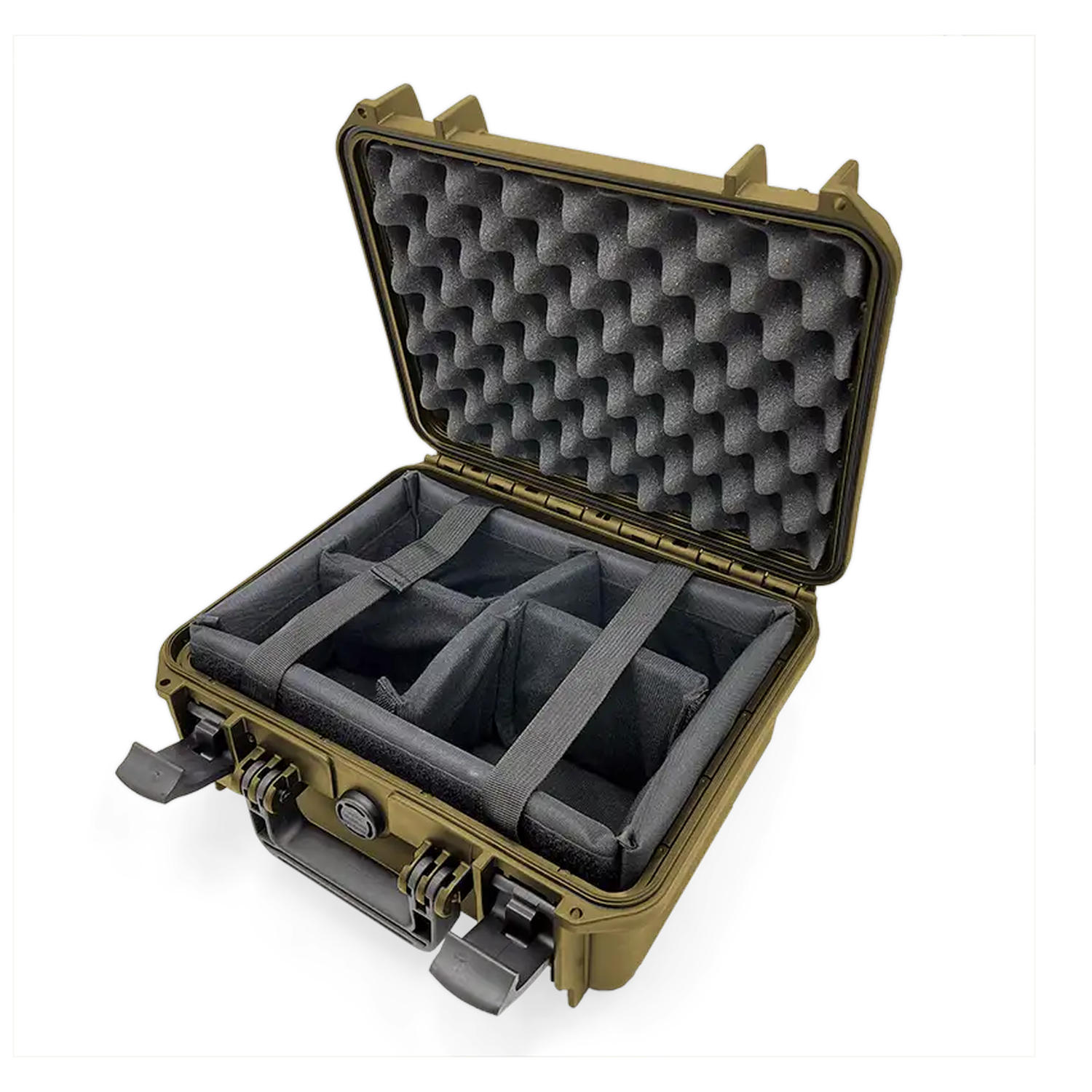 Olivgrünes Outdoor Case mit anpassbarem Klettinlay im Boden und Noppenschaum