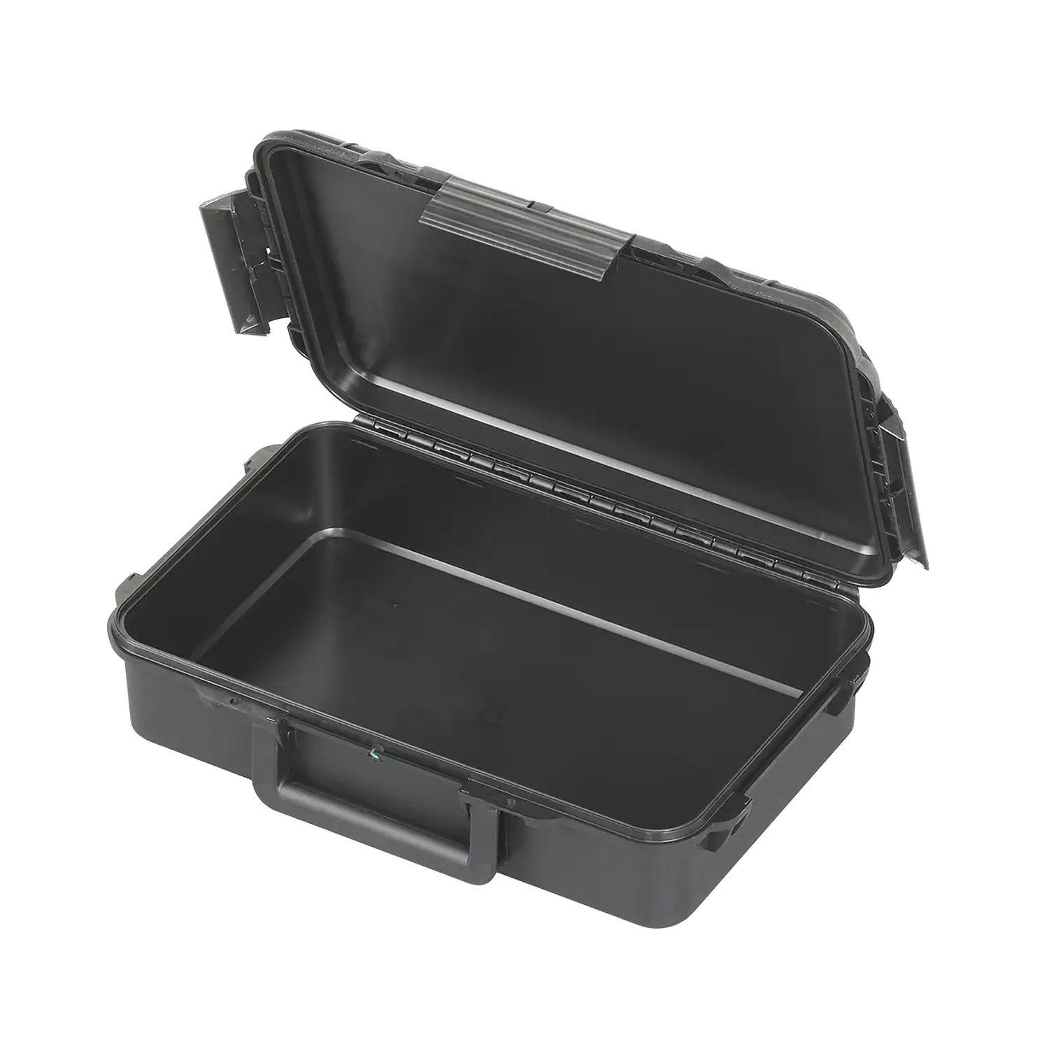 Schwarze Outdoor Kunstoffbox mit Tragegriff leicht geoeffnet