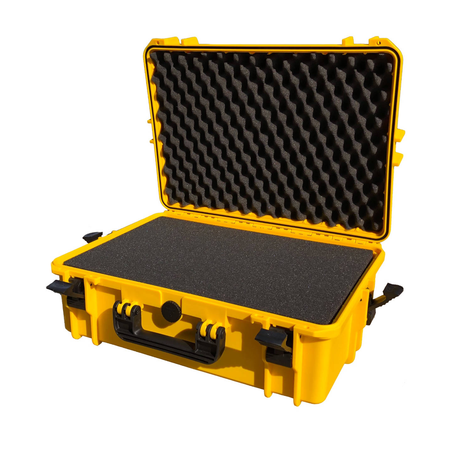 Wasserdichter Staubdichter Transportkoffer in der Farbe gelb mit Rasterschaumeinlage und Tragegriff