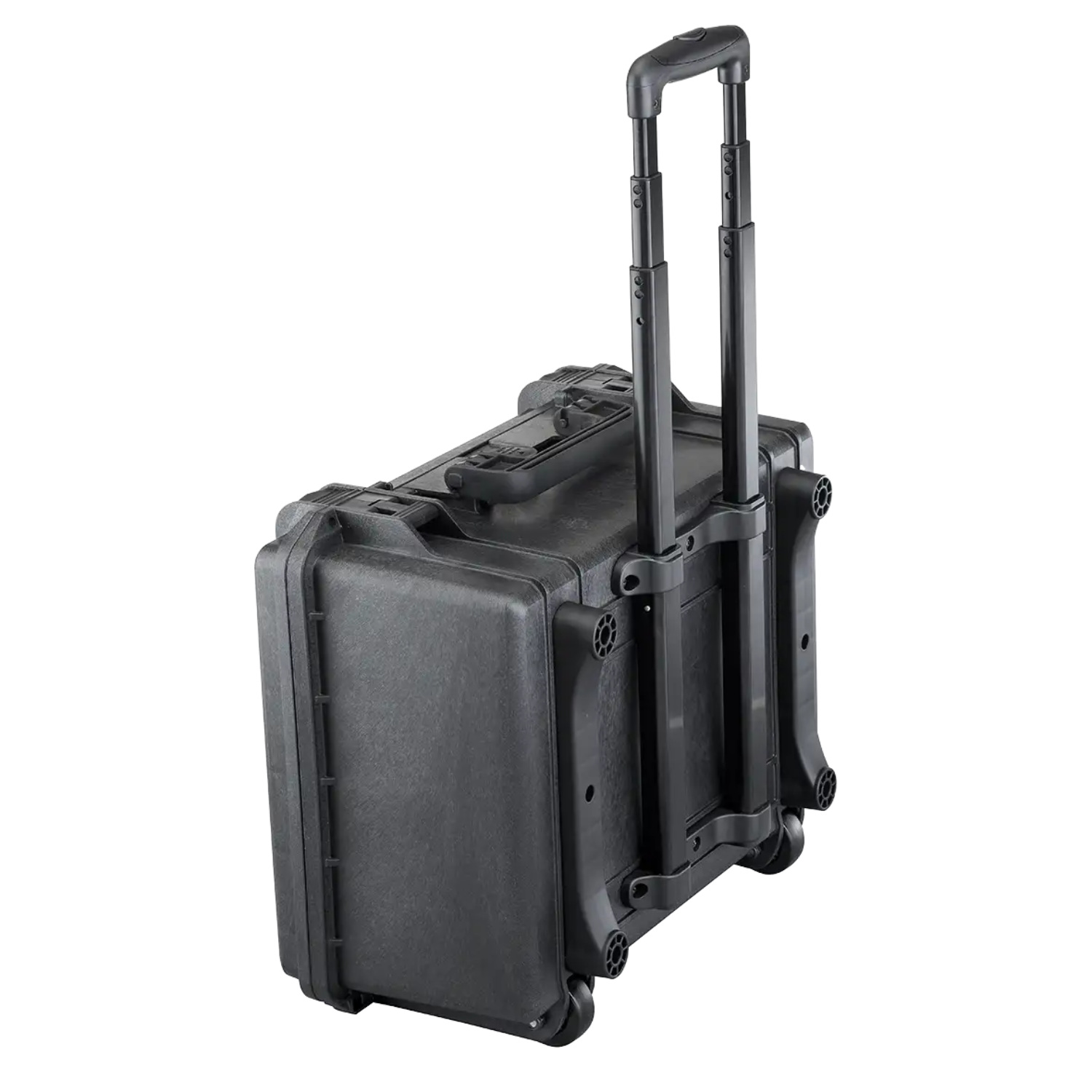 Schwarzer Transportkoffer mit Rollen und ausgezogenem Trolley